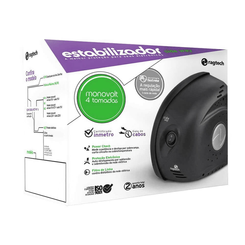 Estabilizador Ragtech 300VA Side Way 127V Monovolt Preto - 5301