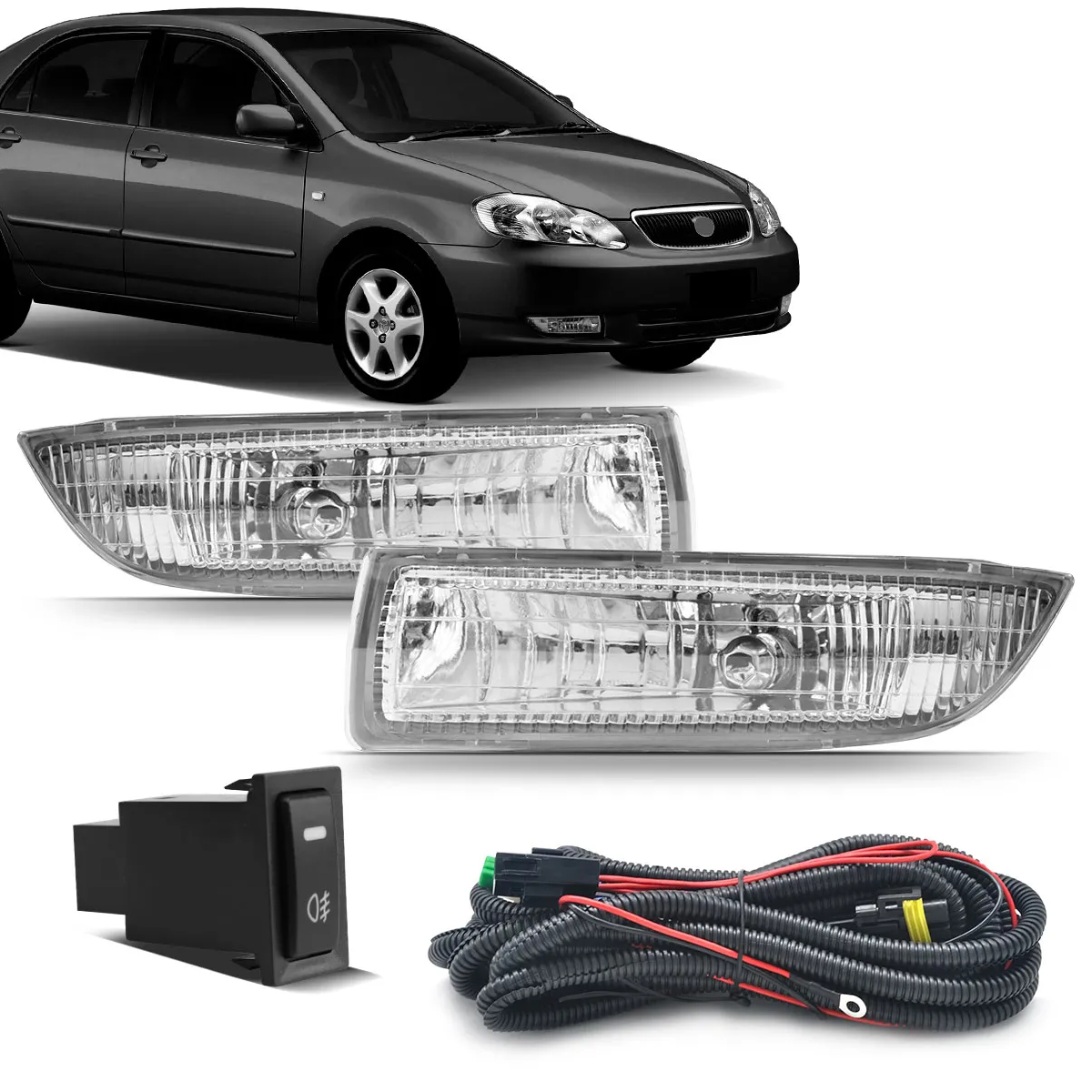 Kit Farol de Milha Toyota Corolla 2003/2004 H3 55W C/ Botão Original Moldura Lisa Suns FGS0512TA