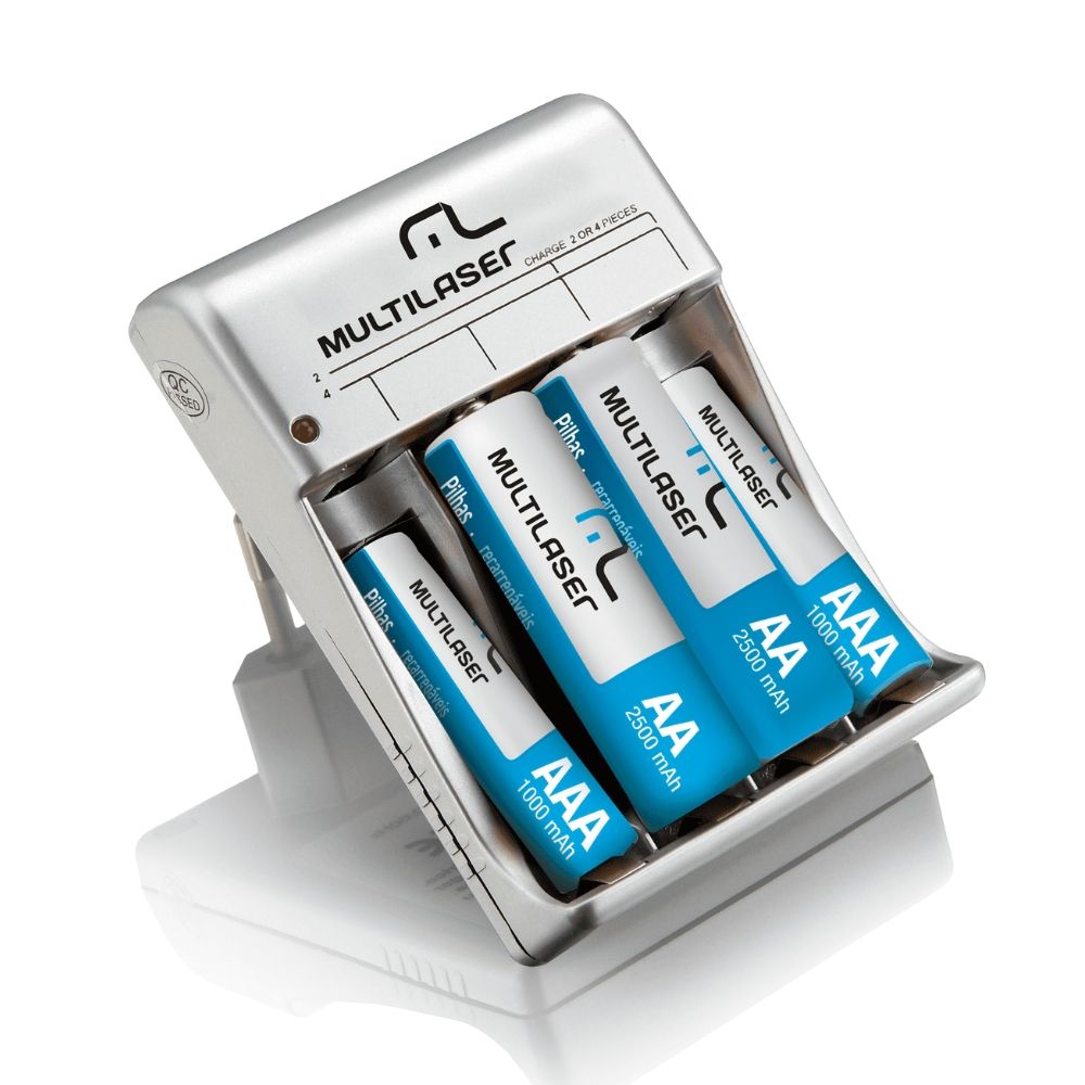 Carregador de Pilhas AA/AAA Bivolt com pilhas 02 AA (2500) + 02 AAA (1000) Multilaser - CB045