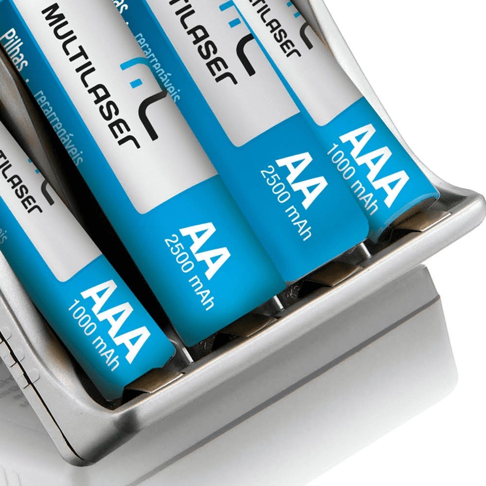 Carregador de Pilhas AA/AAA Bivolt com pilhas 02 AA (2500) + 02 AAA (1000) Multilaser - CB045