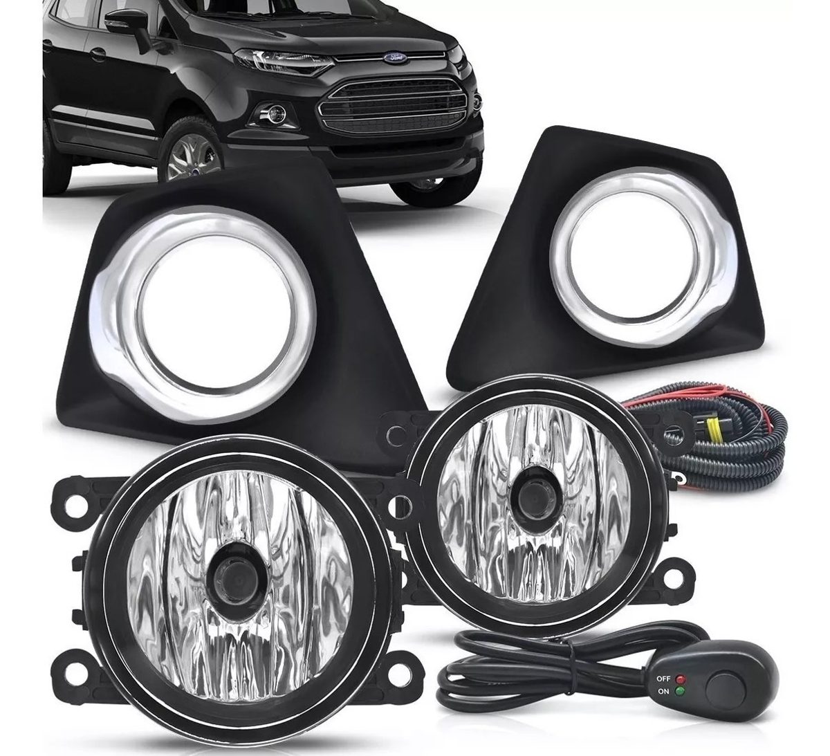 Kit Farol Milha Ecosport 2013 A 2017 Cromado Botão Universal FGS0404FD Suns