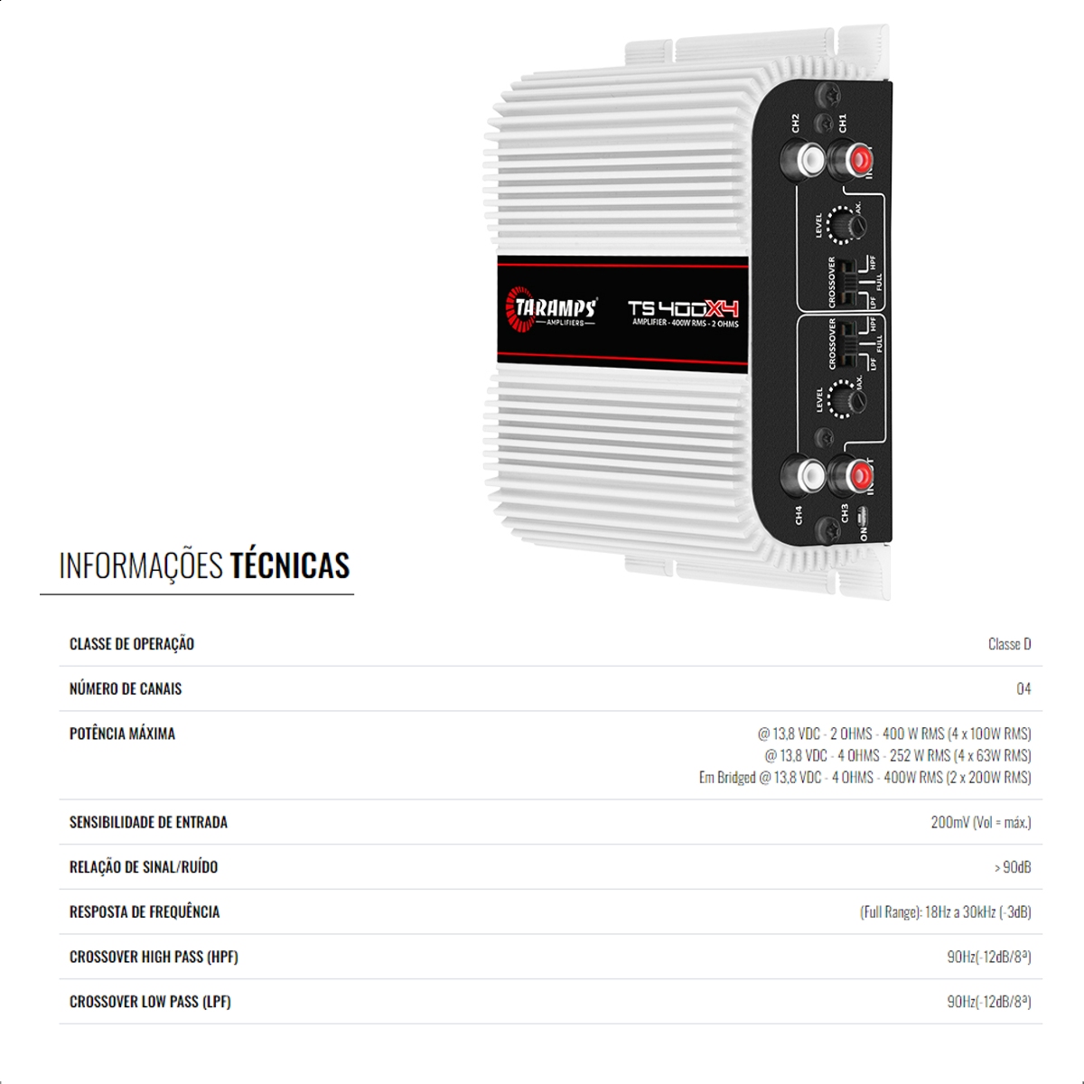 Módulo de Potência 400 watts Classe D 4 canais 100W RMS Taramps TS400 - 4x100WRMS