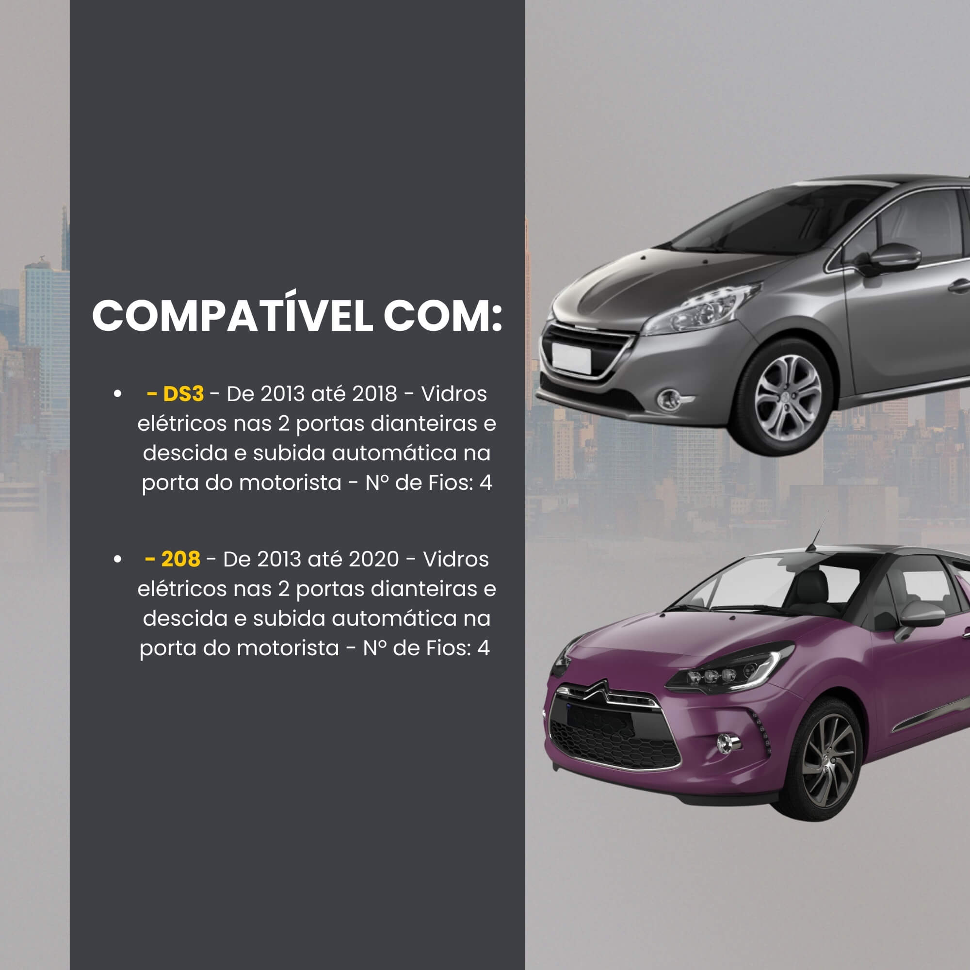 Módulo Automação de Vidros Elétricos Antiesmagamento compatível com DS3 e 208 Tury - PRO 2.4BI