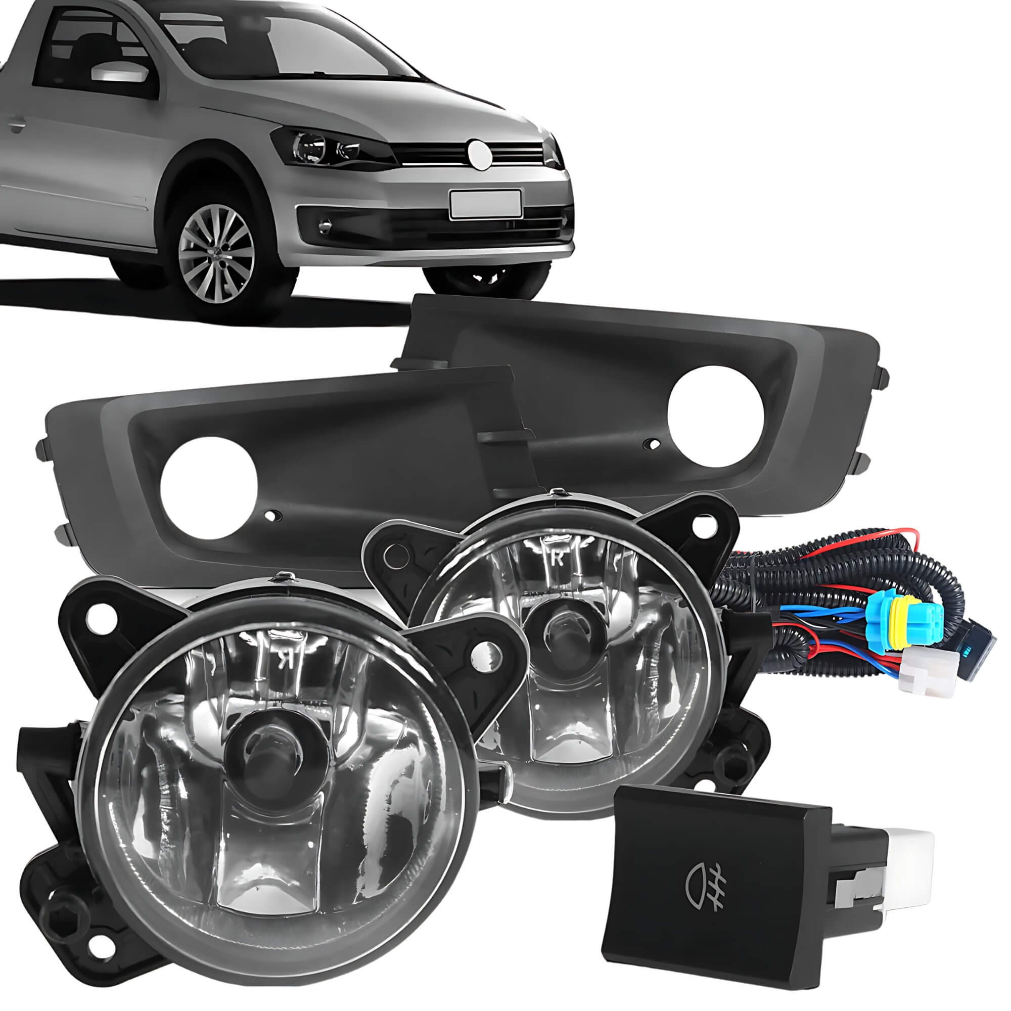 Kit Farol de Milha Saveiro G6 2014 a 2016 com Molduras e Botão Modelo Original Suns - FGS0022