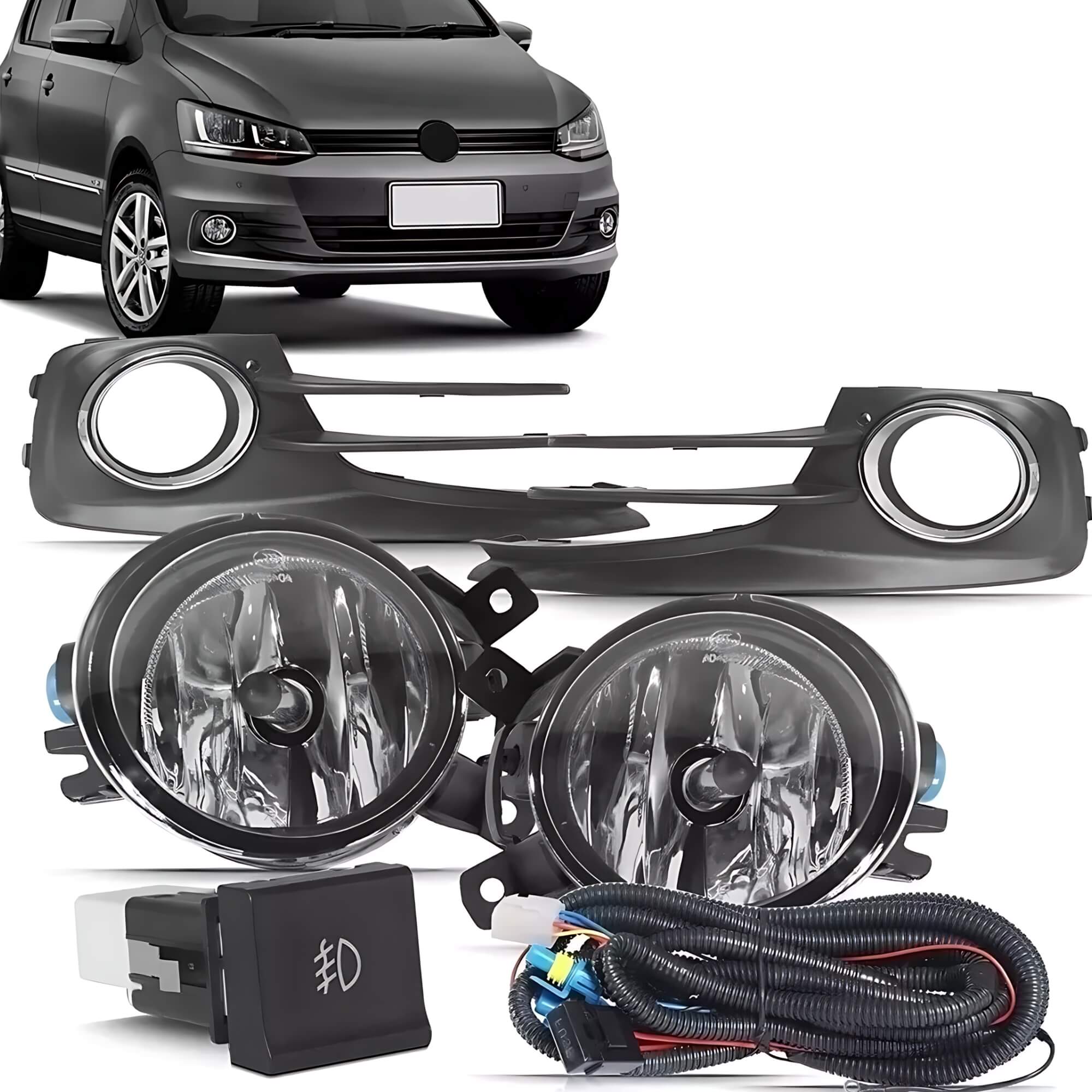 Kit Farol de Milha Fox 2015 a 2019 Moldura Cromada Botão Original Quadrado Zapos - KFM796