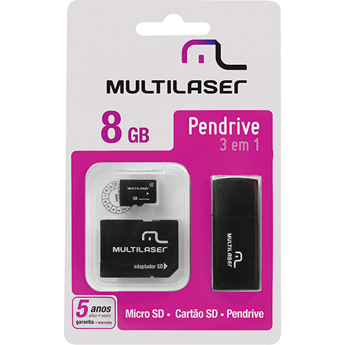Pen drive 8 Gb - Leitor/Micro SD + Adaptador MC058 Multilaser