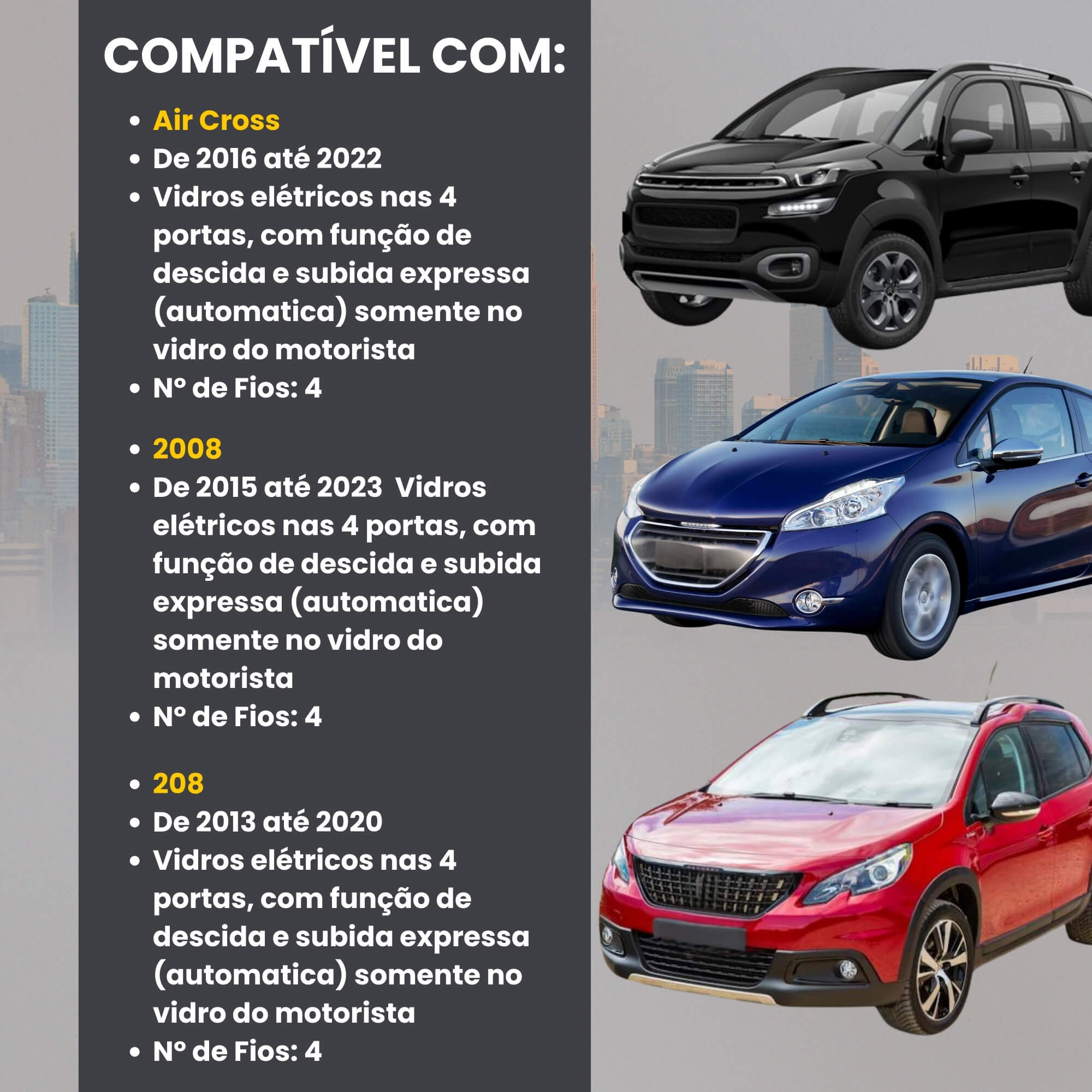 Módulo Automação de Vidros Elétricos compatível Air Cross, 2008 e 208 Tury - PRO 4.16BM