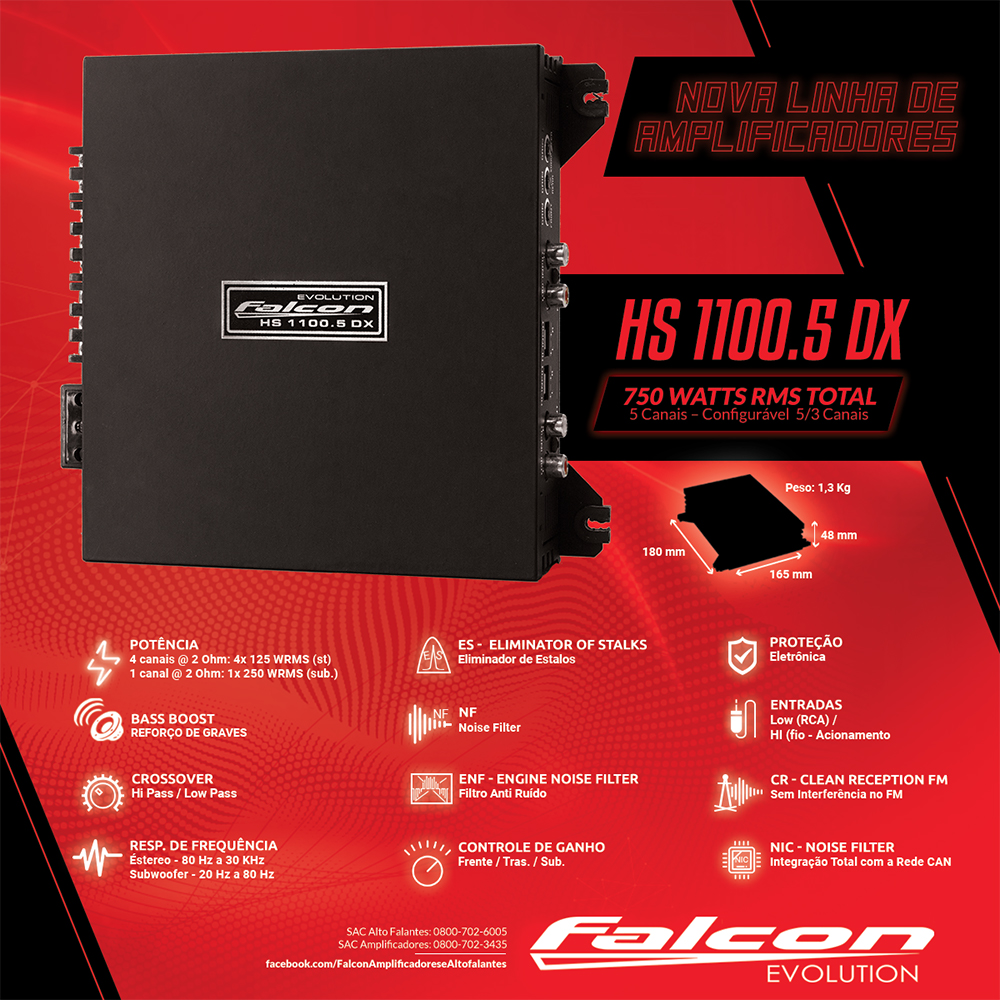 Módulo de Potência Falcon HS1100.5DX - 4x125WRMS + 1x250WRMS