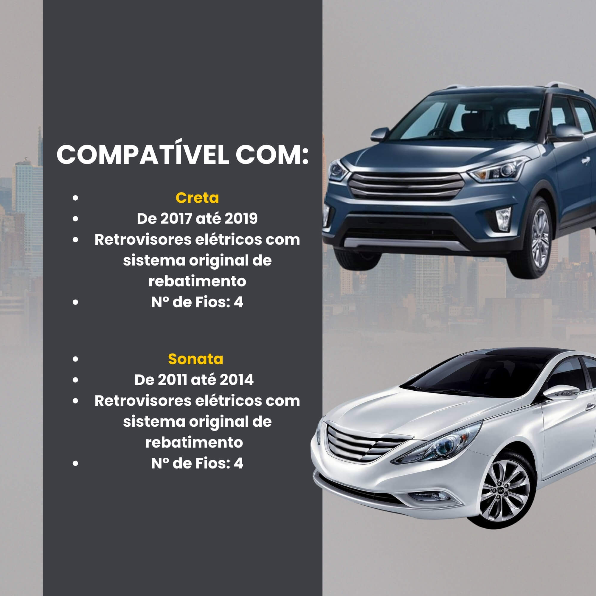 Módulo Automação de Retrovisores compatível com Creta 17/19 e Sonata 11/14 Tury - PARK3.2.4CN