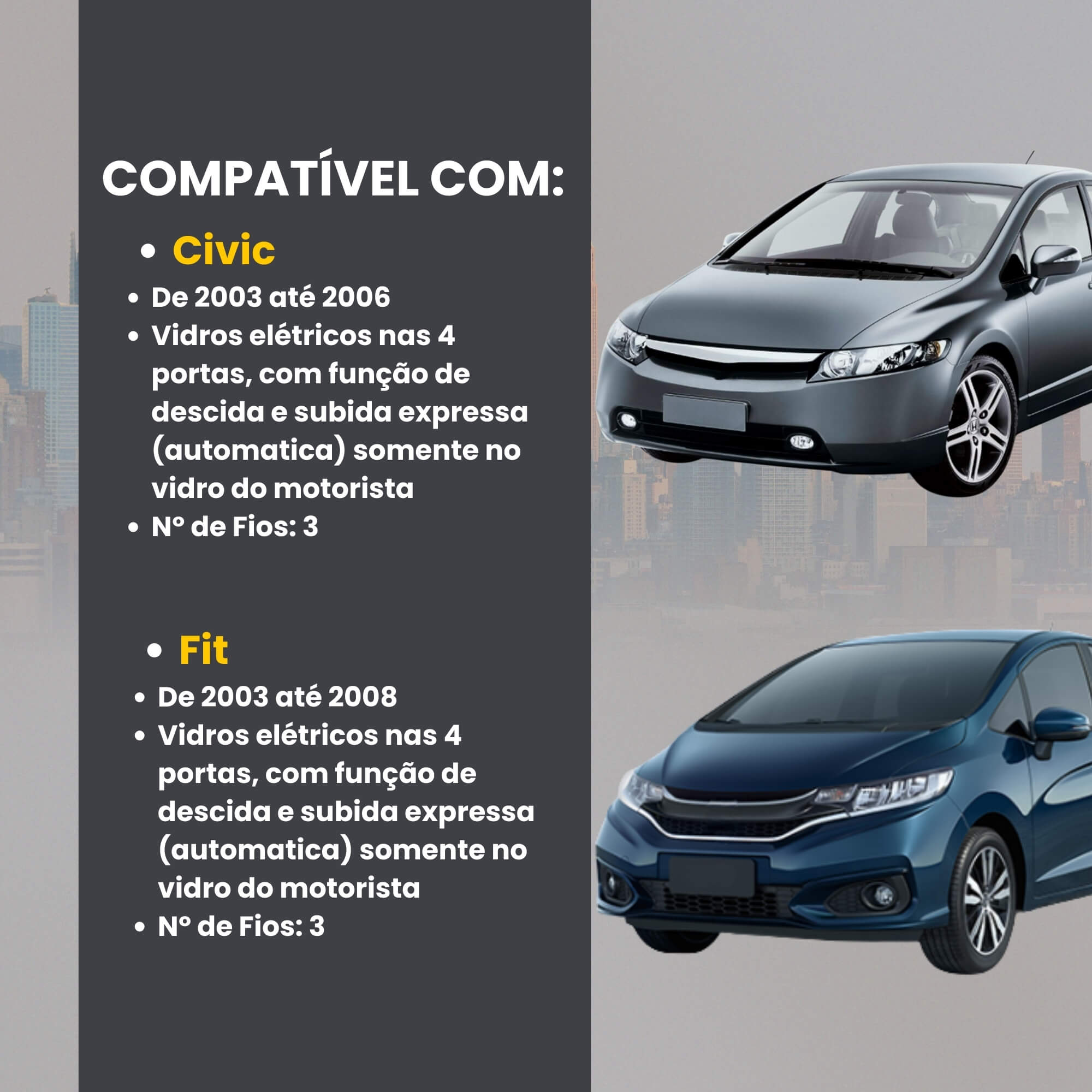 Módulo Automação de Vidros Elétricos compatível c/ Civic 03/06 e Fit 03/08 Tury - PRO 4.8DP