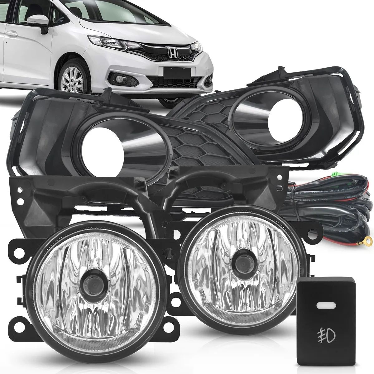 Kit Farol de Milha Honda Fit 2017-2019 H8 55W Moldura Cromada Botão Modelo Original Suns FGS0235HD
