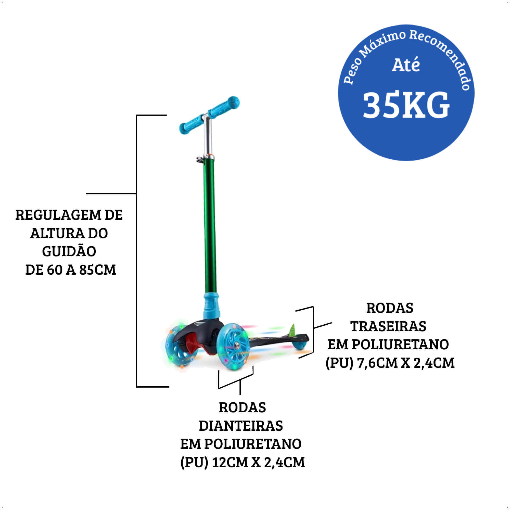 Patinete Infantil 3 Rodas com LED Suporta até 40 kg Monster Átrio - ES114