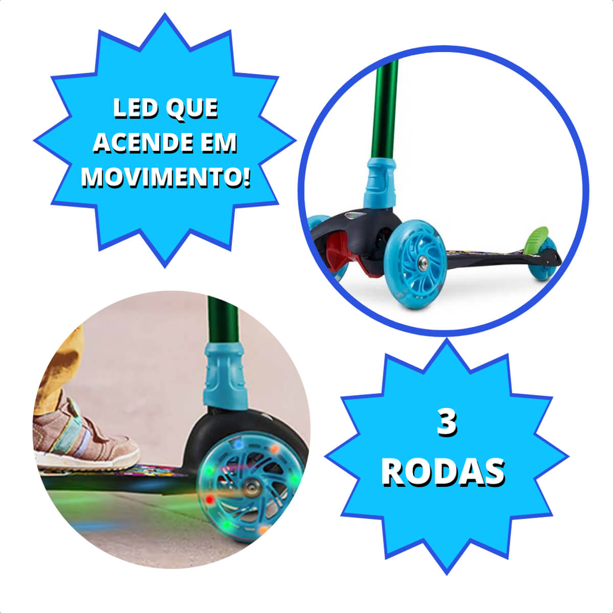 Patinete Infantil 3 Rodas com LED Suporta até 40 kg Monster Átrio - ES114