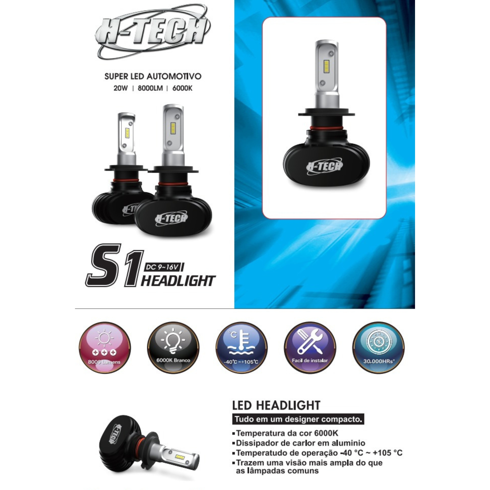 Kit Par Lâmpadas Super Led S1 HB4 20w 6000k 8000lm H-tech - SLHB4