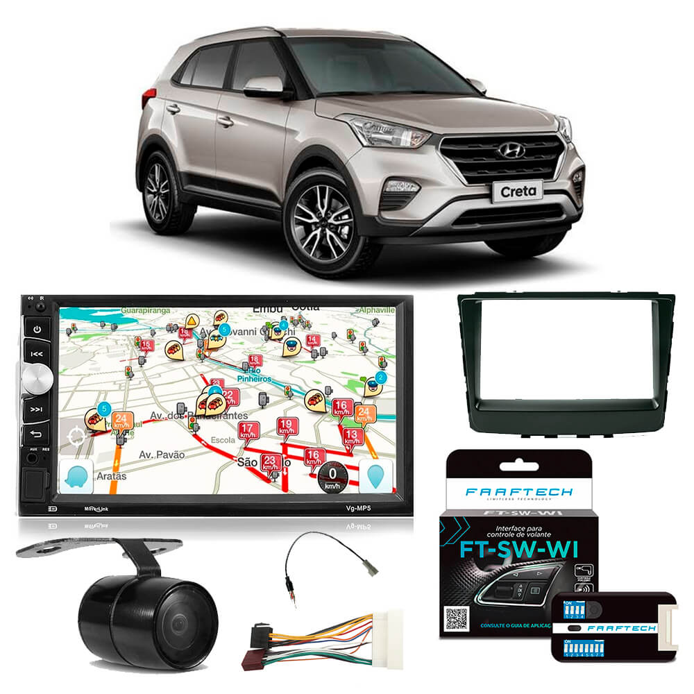 Kit Multimídia Creta 2017 a 2019 MP5 Voolt com Câmera de ré + Moldura + Chicotes e Interface