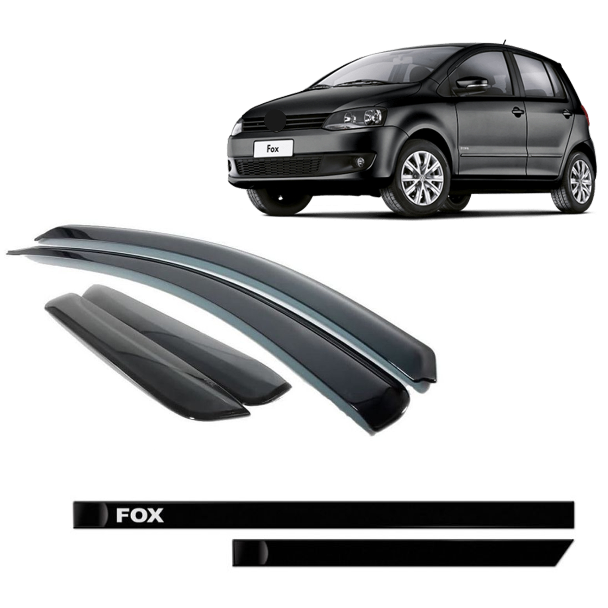 Kit Automotivo VW Fox 4 Portas 2004 em diante Friso Sanfil Preto + Calha  De chuva TG Poli