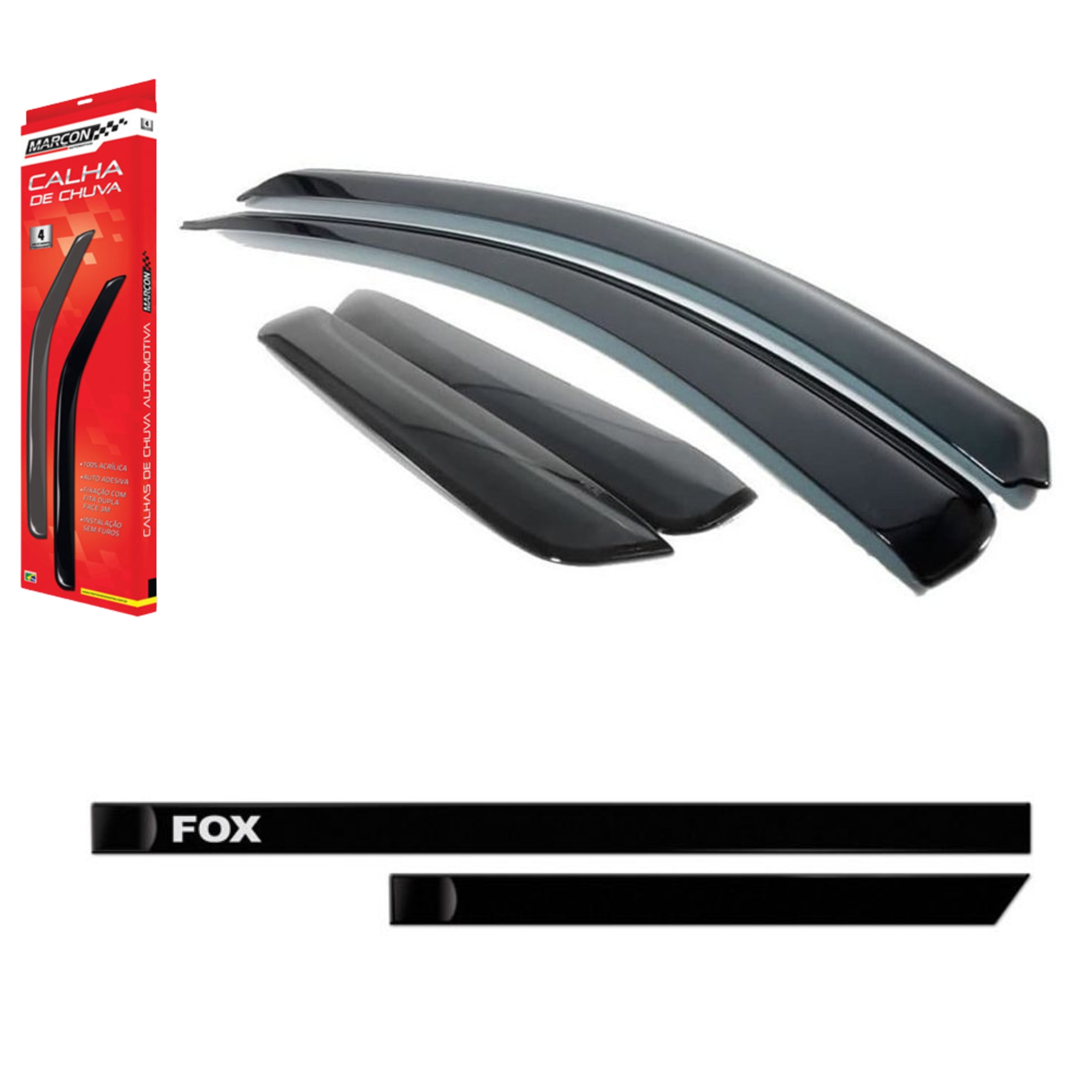 Kit Automotivo VW Fox 4 Portas 2004 em diante Friso Sanfil Preto + Calha  De chuva TG Poli