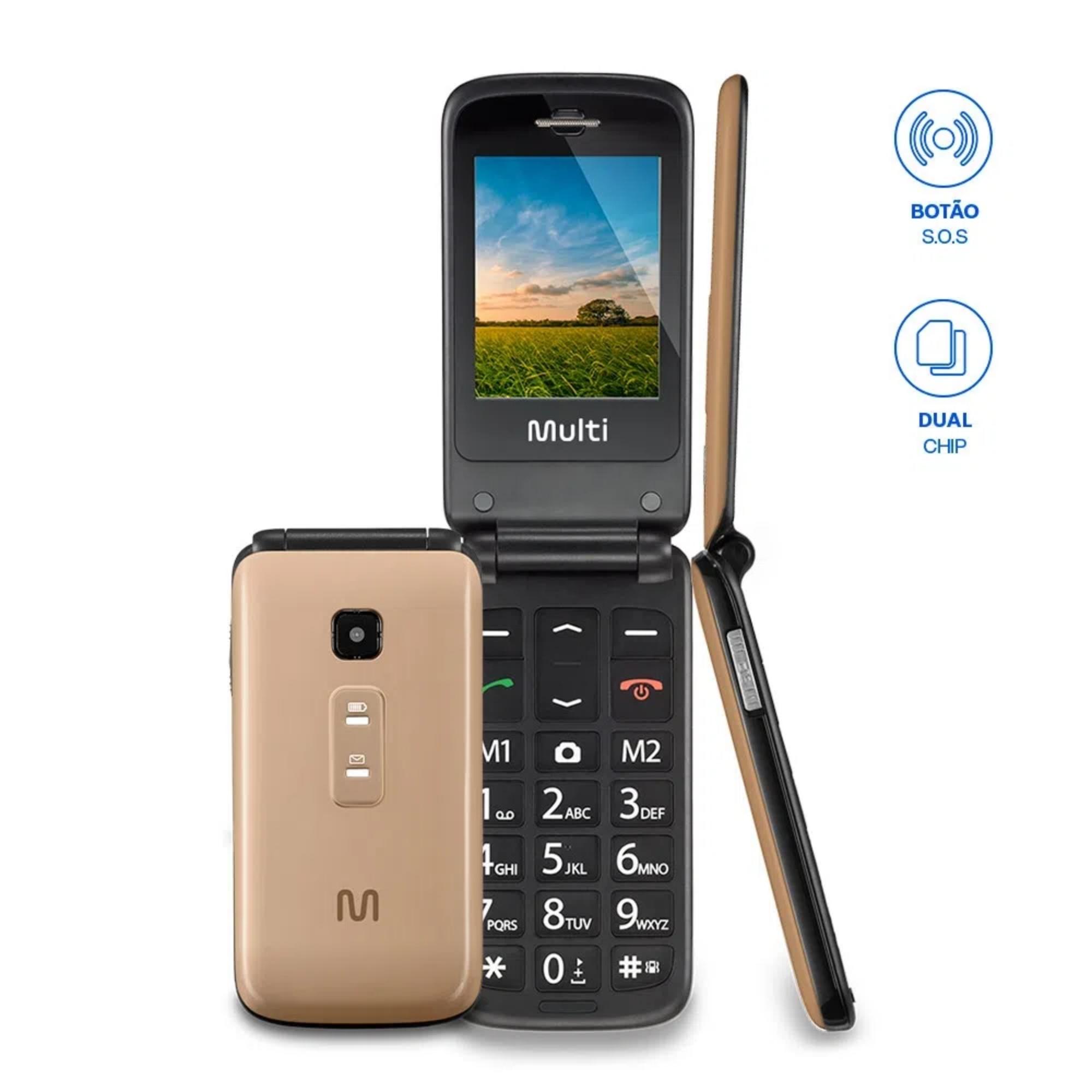 Celular Flip Vita Multilaser Dual Chip MP3 2G 900mAh Botão para Emergências, Dourado, Com a função lanterna - P9043