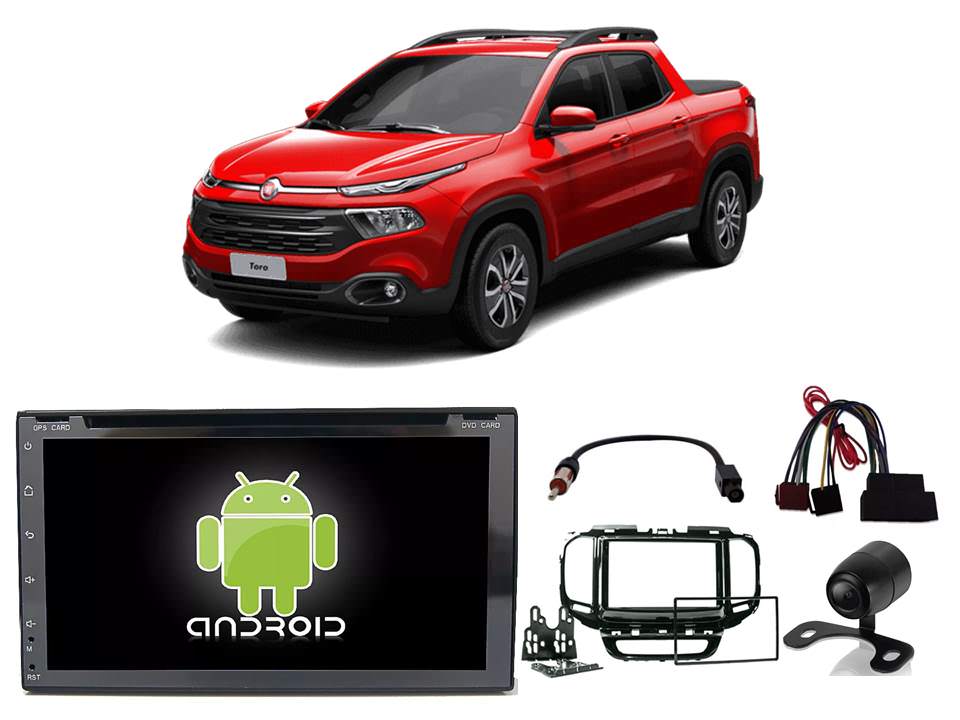 COMP Kit Central Multimidia Voolt Android Universal c/ Moldura 2 din + Câmera de Ré + Chicotes para Fiat Toro 2016/2019