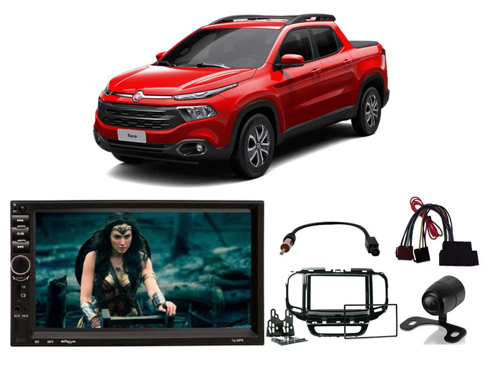 COMP Kit Central Multimidia Voolt Mp5 c/ Moldura 2 din + Câmera de Ré + Chicotes para Fiat Toro 2016 em diante