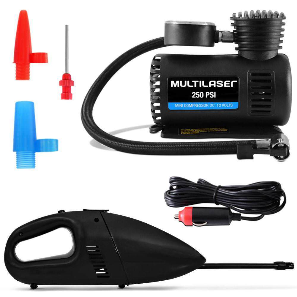 COMP Kit Compressor De Ar Portátil + Aspirador De Pó E Líquidos 12V - Multilaser