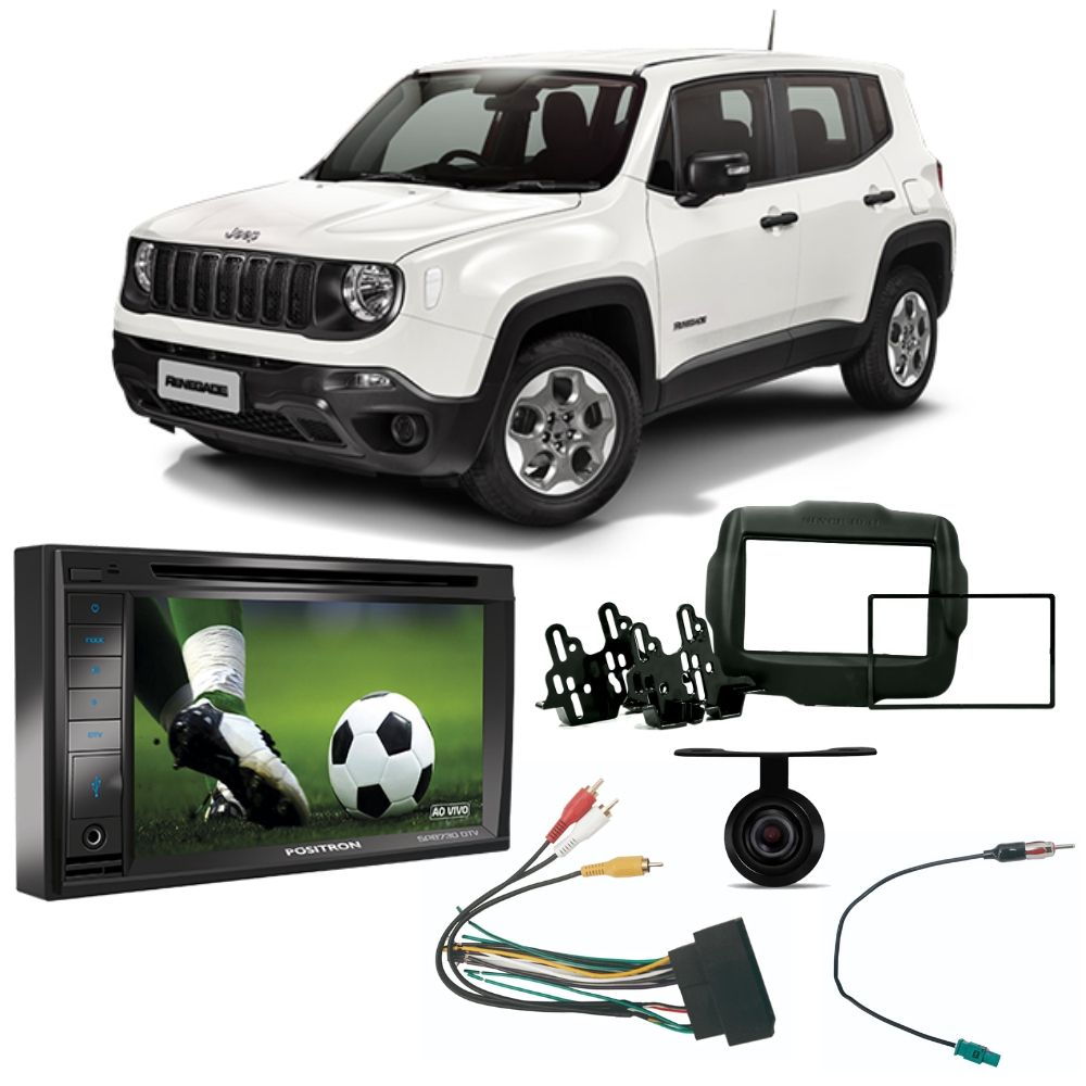COMP Kit Central Multimídia Positron SP8730DTV C/ Câmera de ré + Chicotes e Moldura Jeep Renegade PCD até 2017