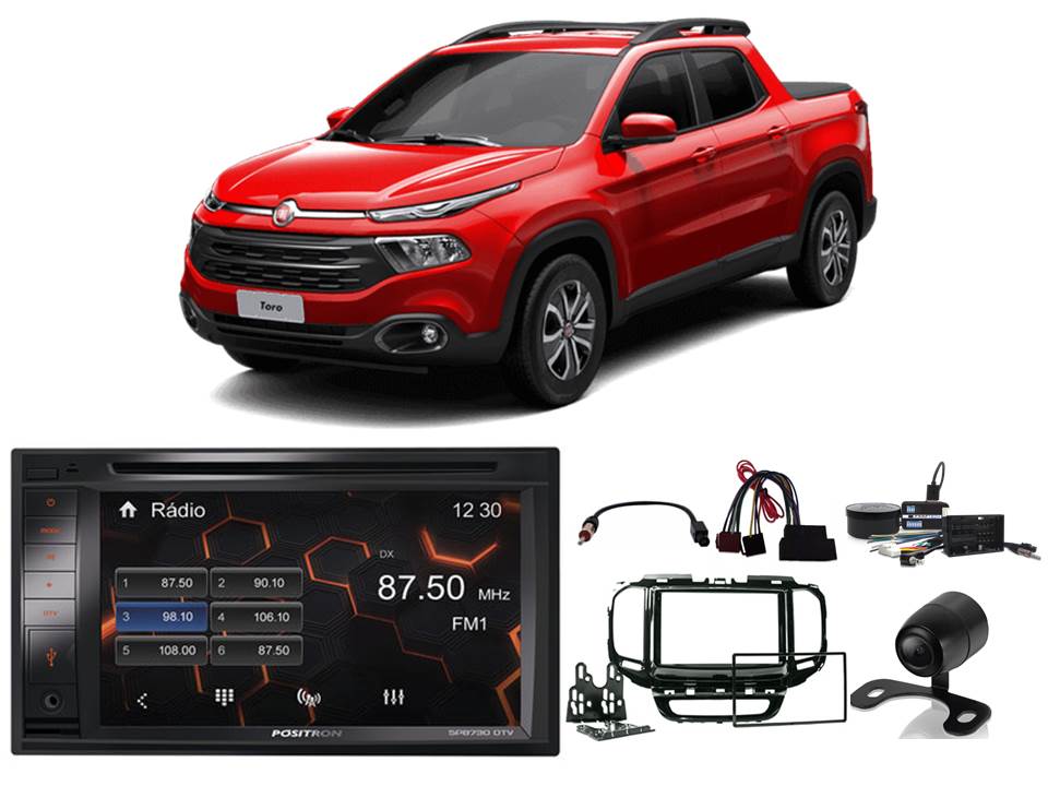 COMP Kit Multimidia SP8730DTV c/ Moldura 2 din + Câm de Ré + Chicotes + Interface p/ Fiat Toro 2016/2019