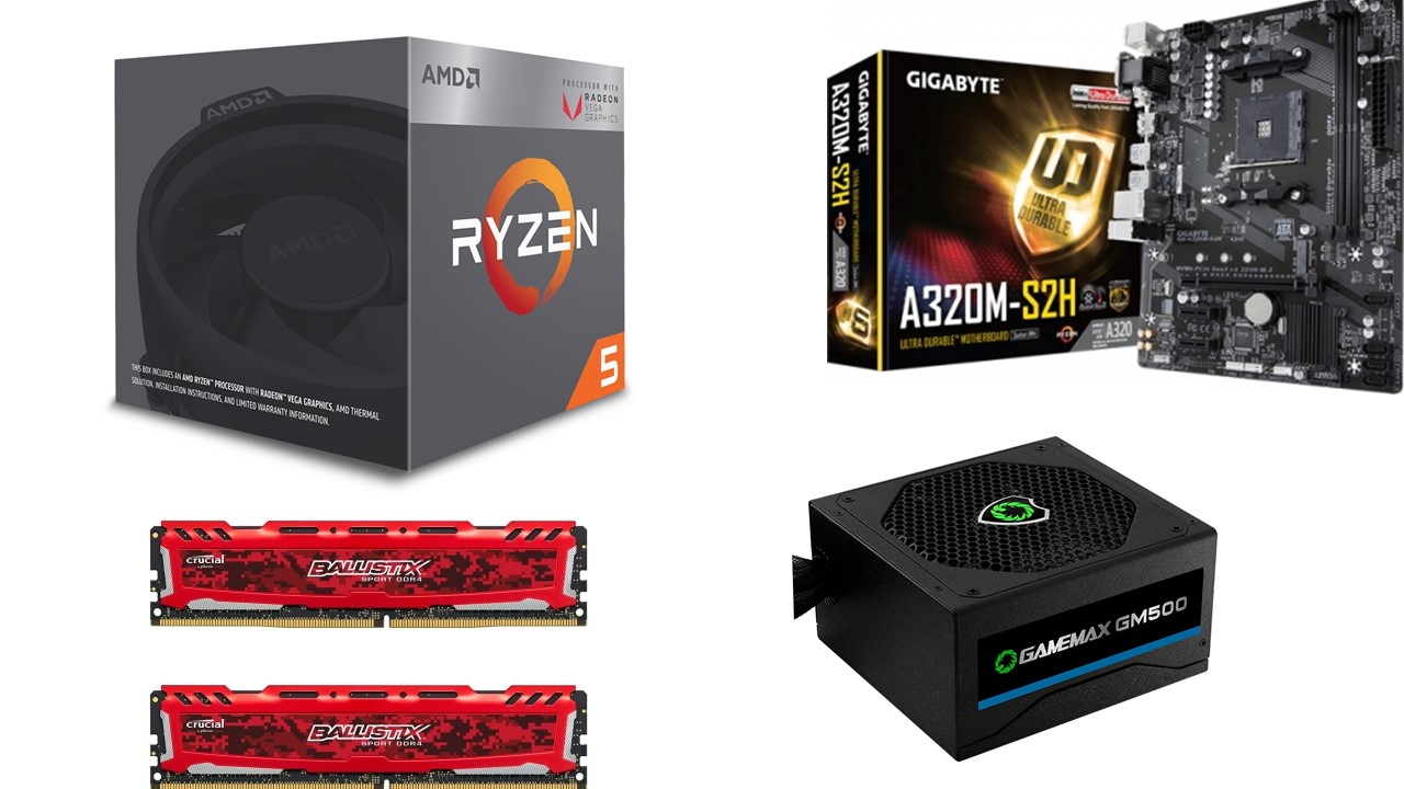COMP Kit Gamer Ryzen 5 2400G + Gigabyte A320M-S2H DDR4 + 2 Memorias Ram 8GB + Fonte ATX 500W