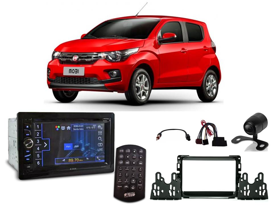 Comp Kit Central Multimídia H-tech HDV-4010 + Moldura + Chicotes + Câmera de ré p/ Fiat Mobi 2017/2018/2019