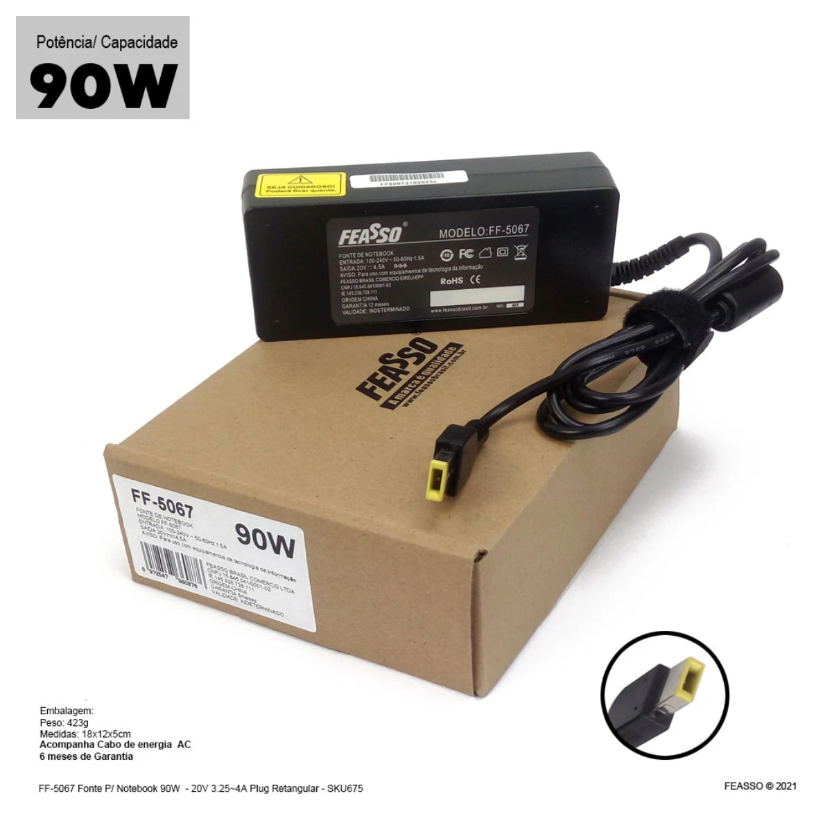 Fonte para Notebook 90W 20V Bivolt 3.25A - 4.5A Plug Retangular USB Feasso - FF-5067