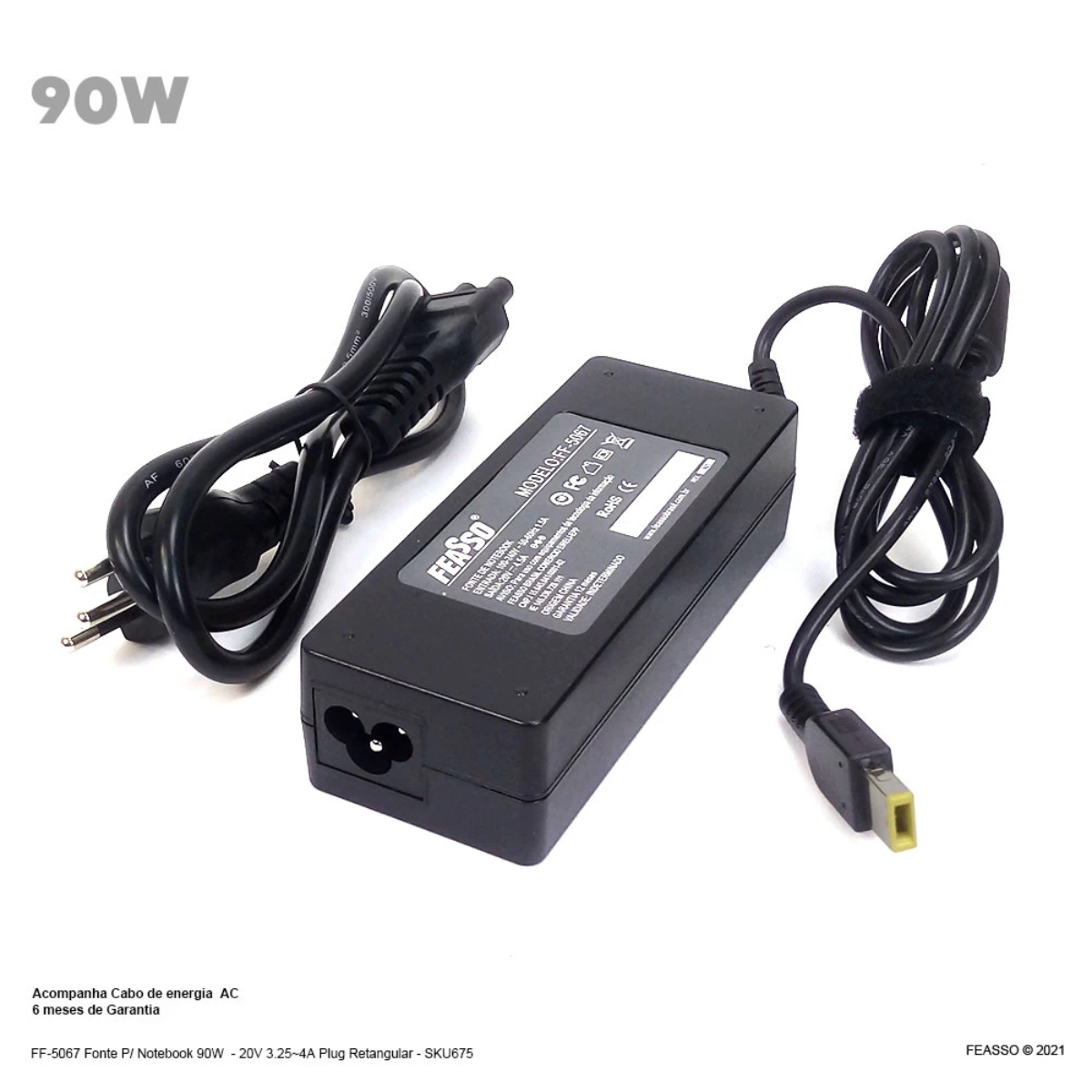 Fonte para Notebook 90W 20V Bivolt 3.25A - 4.5A Plug Retangular USB Feasso - FF-5067