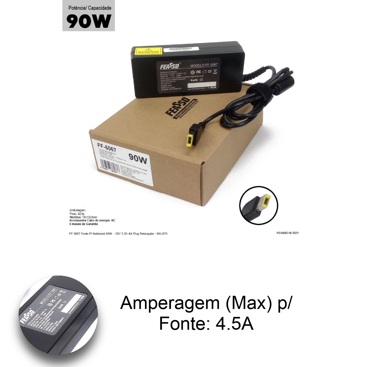 Fonte para Notebook 90W 20V Bivolt 3.25A - 4.5A Plug Retangular USB Feasso - FF-5067