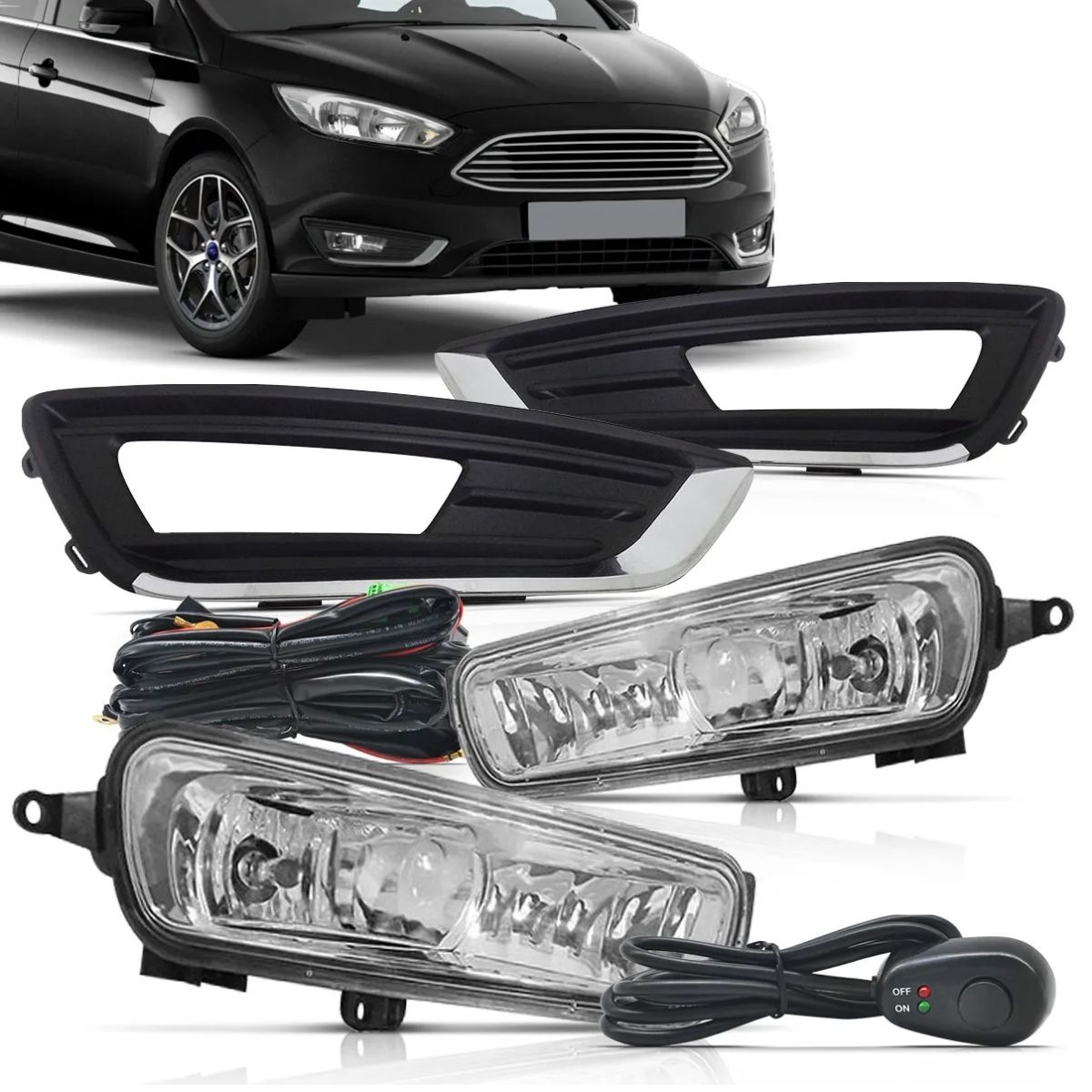 Kit Faról de Milha Ford Focus 2016-2018 c/ Molduras Botão modelo alternativo Suns FGS0423FD