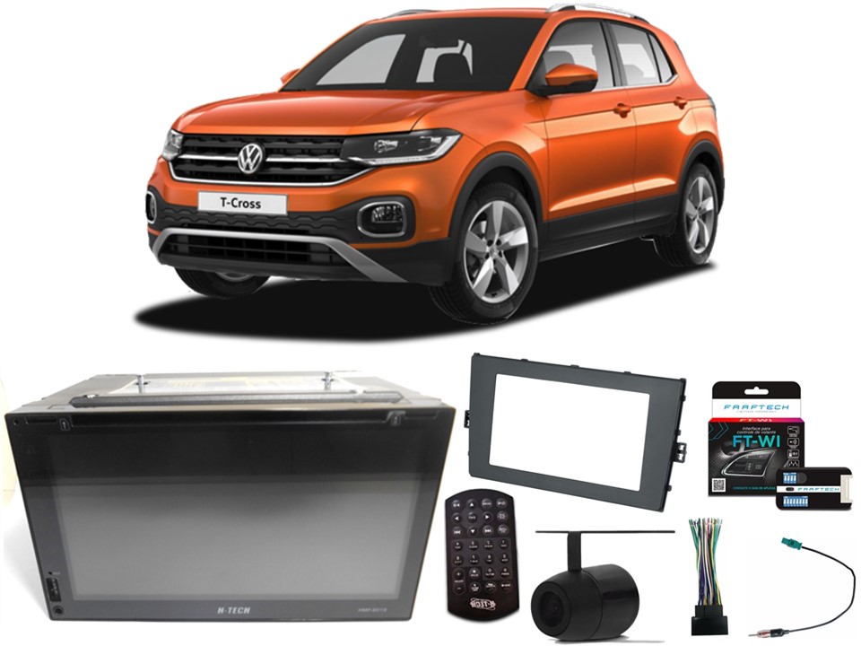 Kit Central Multimídia H-tech HMP-8019 + Câmera de ré + Moldura 2din + Chicotes + Interface p/ Volkswagen T-Cross 2019