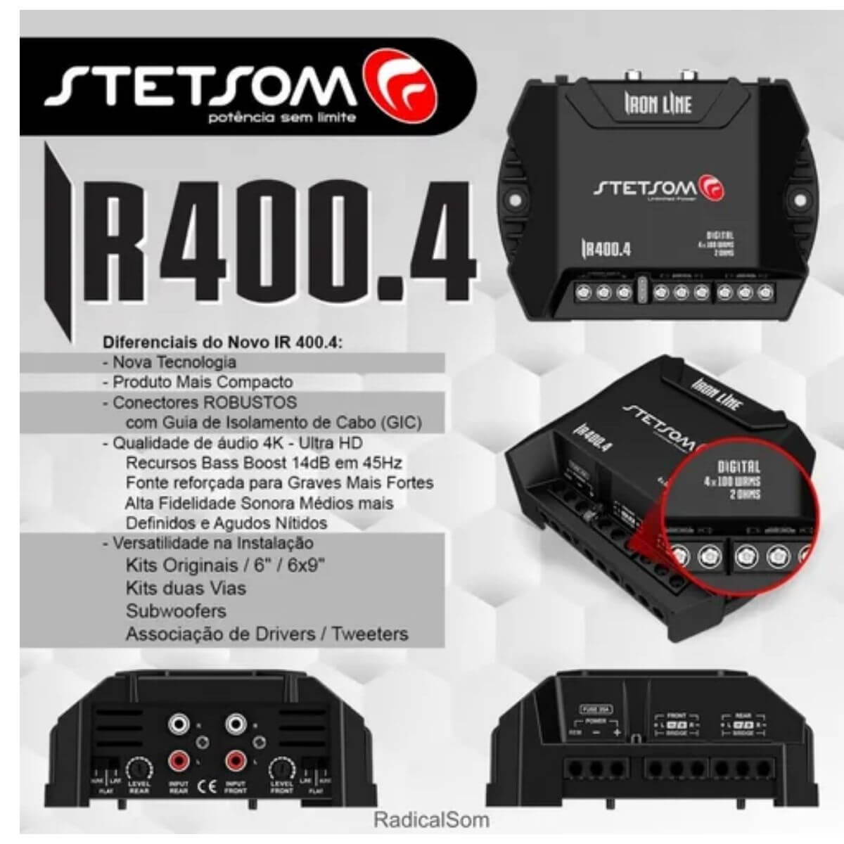 Módulo Amplificador de Potência para Som Automotivo Stetsom IR400.4 Digital 400W 4 Canais 2 OHMS