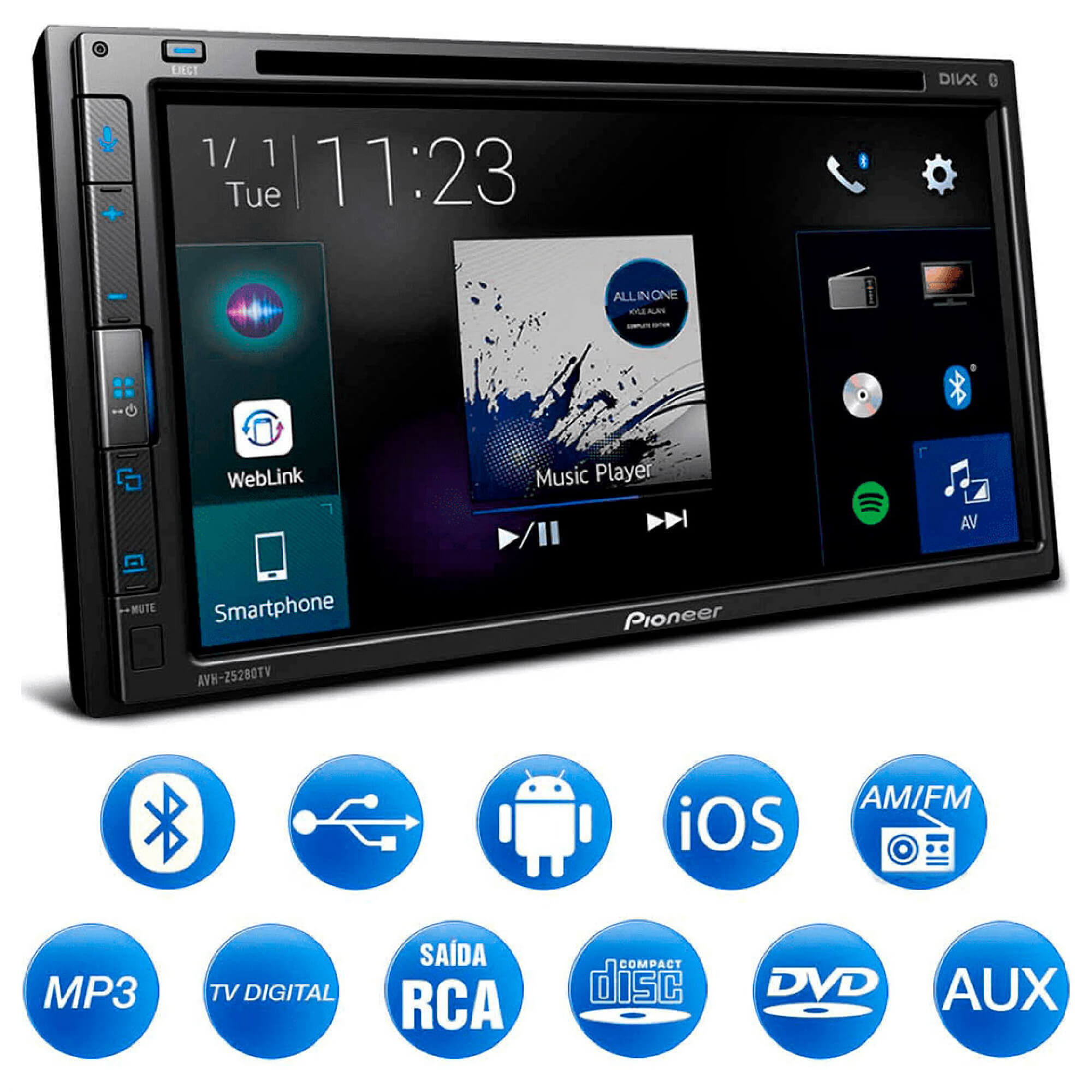 Central Multimídia 2 Din Pioneer AVH-Z5280TV CD DVD Tela Touch de 6,8 pol USB Bluetooth TV Digital