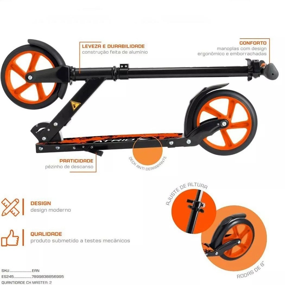 Patinete Atrio Street Juvenil Suporte 100kg Guidão Ajustável Estrutura Dobrável Preto - ES245