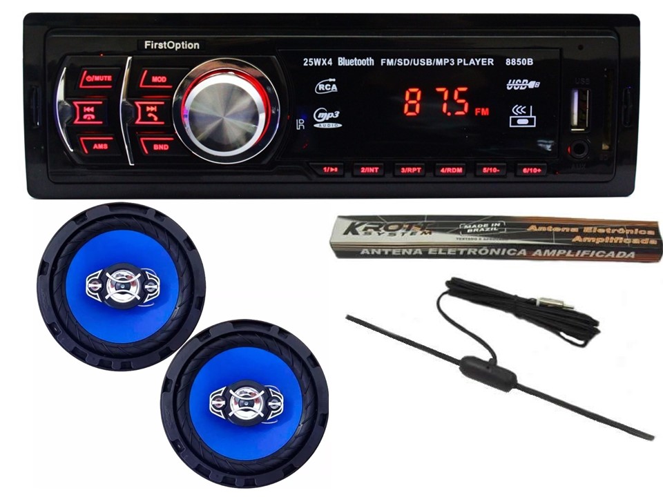 Som Automotivo 8850b First Option Bt mp3 + Par Alto falantes TSR Orion Q6S + Antena Krott KR 1000