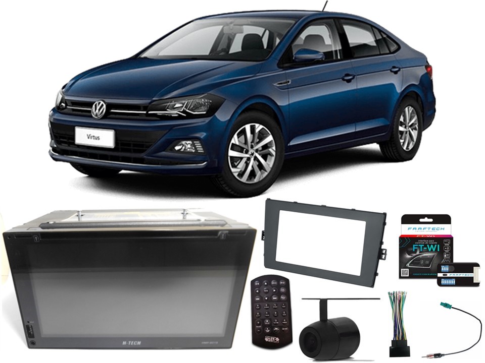 Kit Central Multimídia H-tech HMP-8019 + Câmera de ré + Moldura 2din + Chicotes + Interface p/ Virtus 2017 a 2019