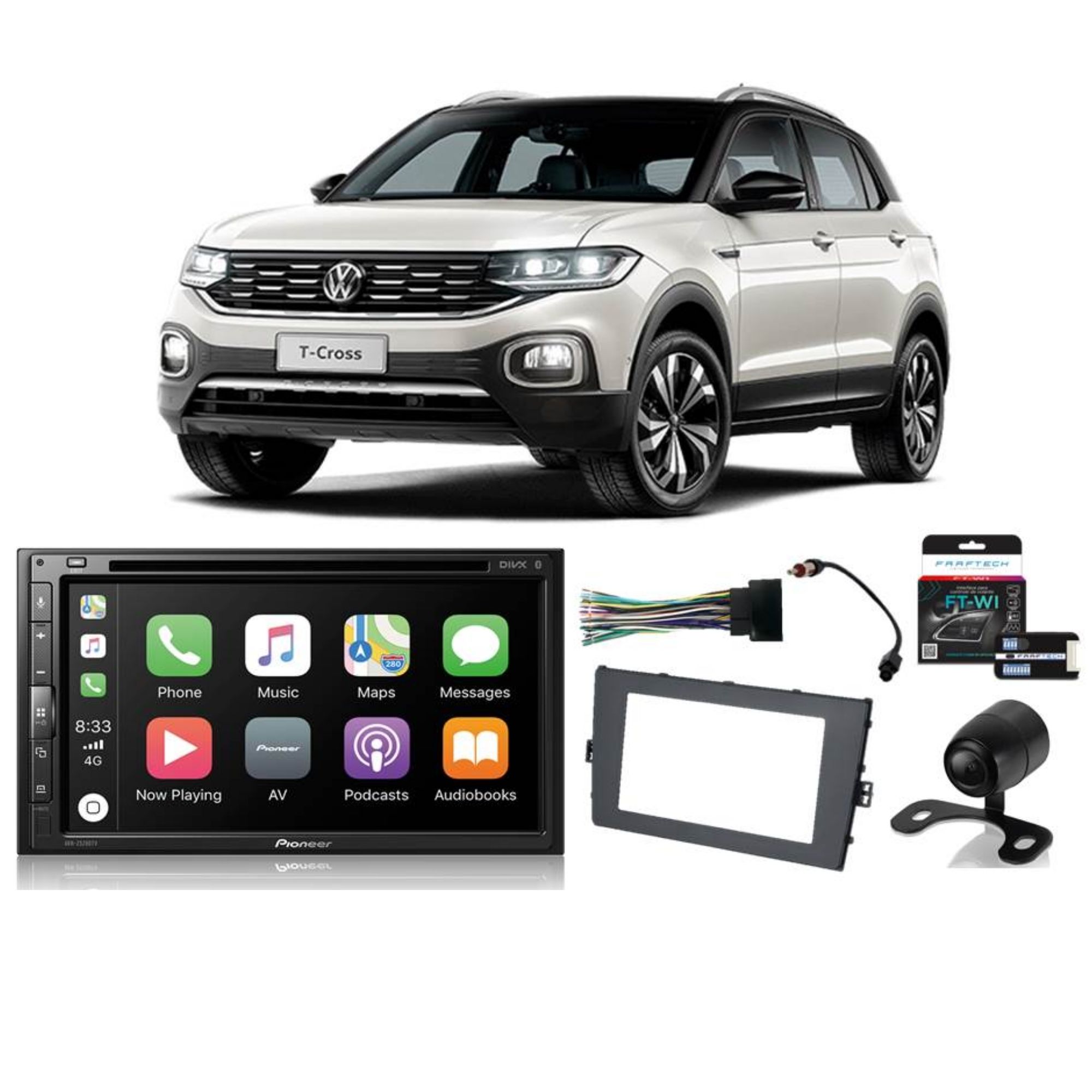 COMP Kit Central Multimidia AVH-Z5280TV para T-Cross 2017 a 2022 + Câmera de ré + Moldura 2 din + Chicotes + Interface
