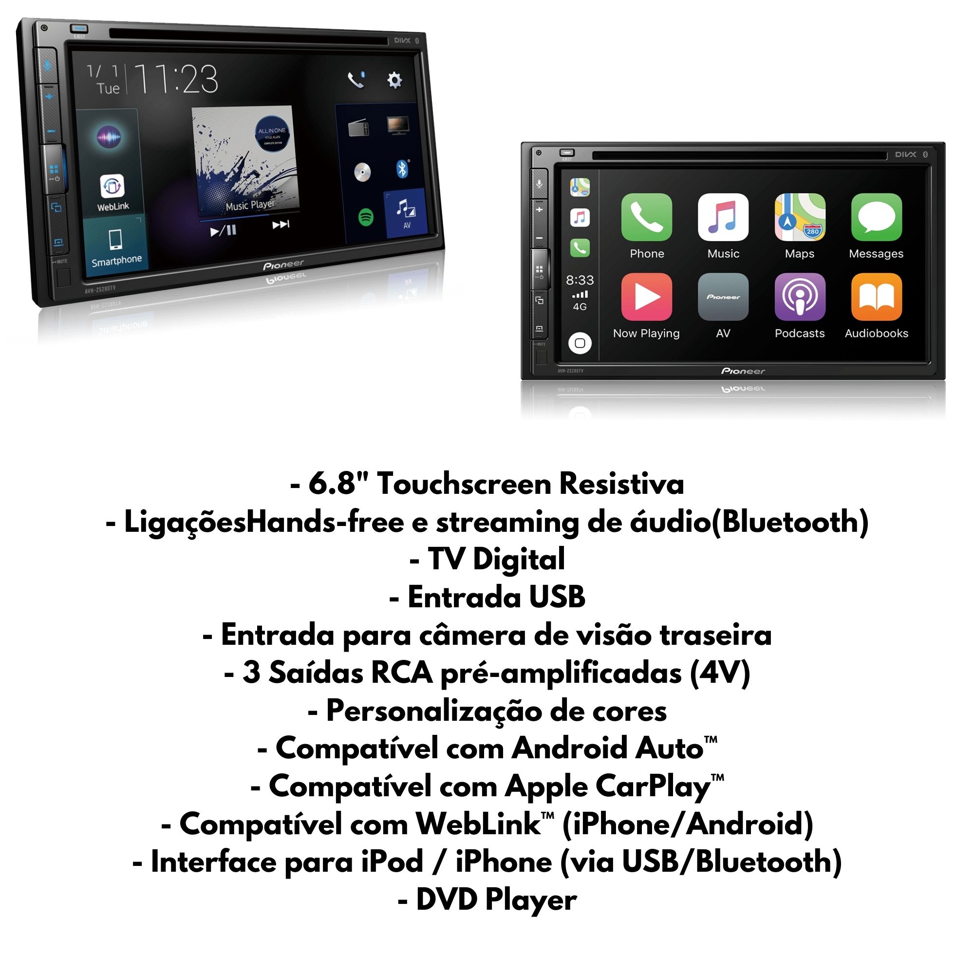 COMP Kit Central Multimidia AVH-Z5280TV para T-Cross 2017 a 2022 + Câmera de ré + Moldura 2 din + Chicotes + Interface
