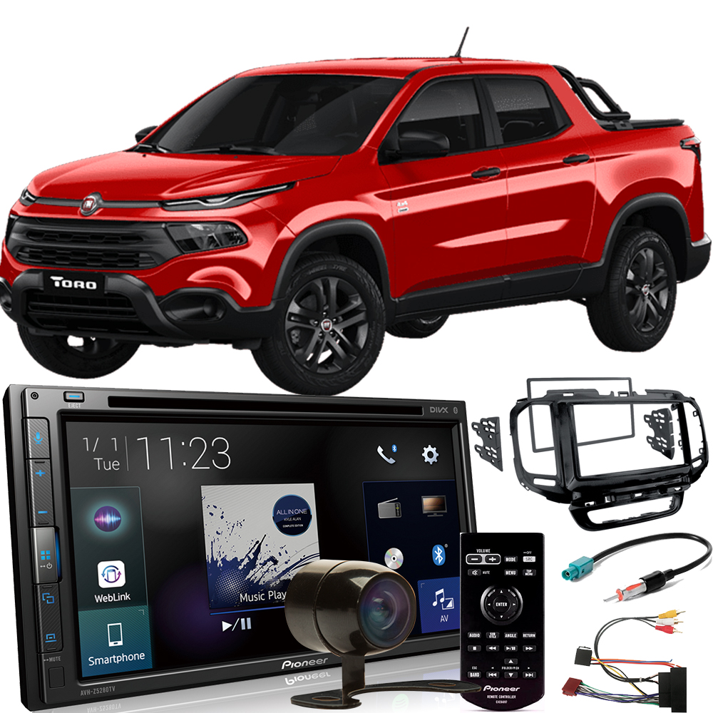 COMP Kit Central Multimidia Fiat Toro 2016 a 2020 AVH-Z5280TV + Moldura 2 din + Câmera de ré + Chicotes