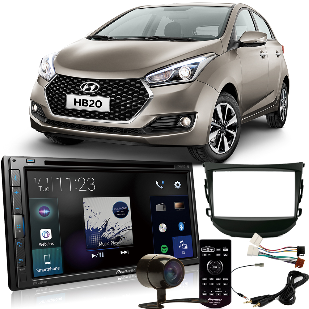 Kit DVD Player Hyundai HB20 2013 a 2019 com som original AVH-Z5280TV Pioneer + Moldura 2 din + Câmera de ré + Chicotes