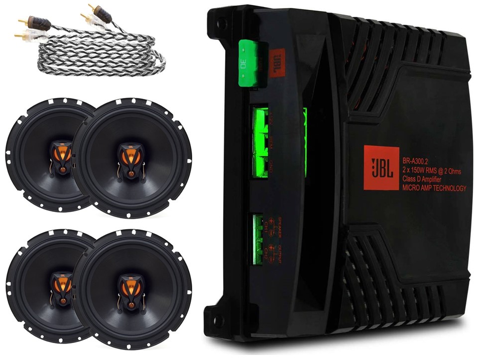 Kit 4 Alto Falantes JBL Linha FLEX3 6TRFX50 + Módulo de potência JBL BR-A 300.2 + Cabo RCA