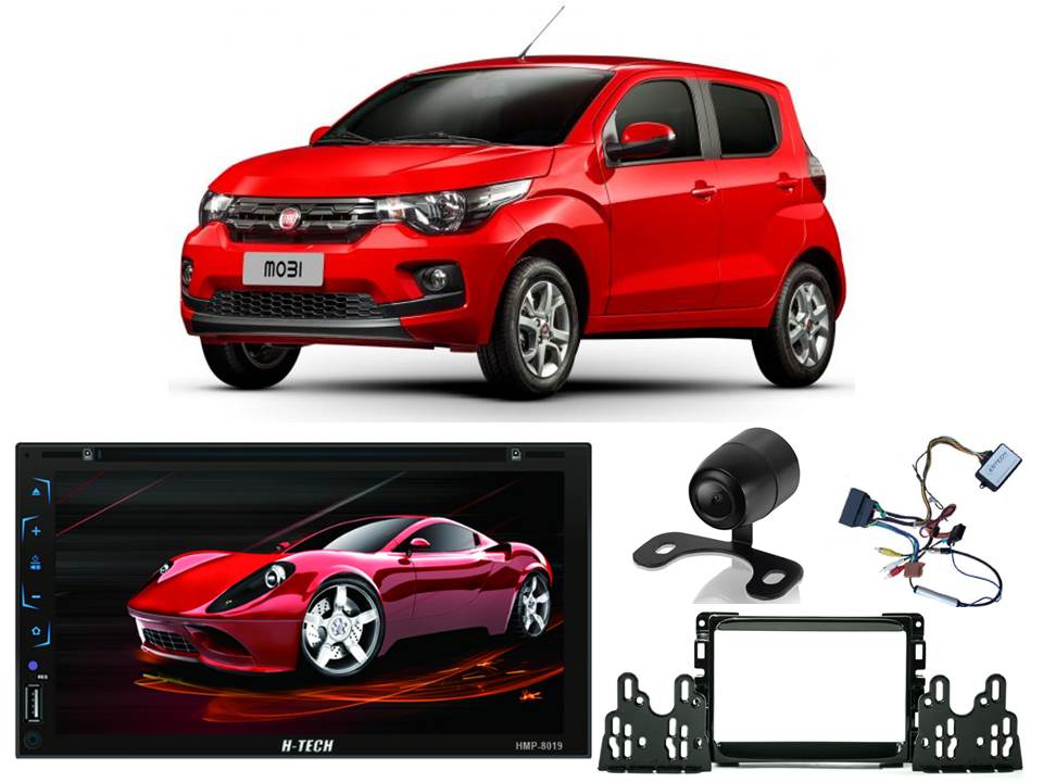 Kit Central Multimidia HMP-8019 + Moldura 2 din + Chicotes + Câmera de ré + Interface p/ Fiat Mobi 2017 a 2019
