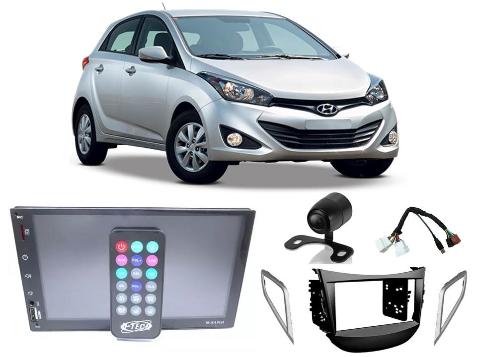 Kit Central Multimidia HT-3019Plus + Moldura 2 din + Chicotes + Câmera de ré + Interface p/ HB20 c/ Difusor de Ar 13/19