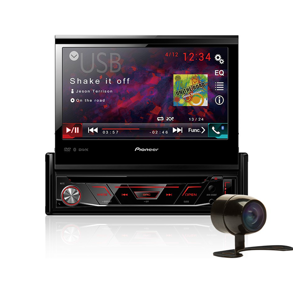 Kit Dvd Player Retratil AVH-3180BT Pioneer Bluetooth Usb Tela 7 polegadas + Câmera de ré borboleta
