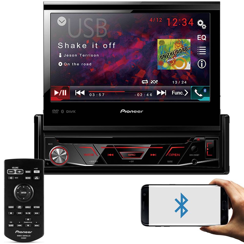 Kit Dvd Player Retratil AVH-3180BT Pioneer Bluetooth Usb Tela 7 polegadas + Câmera de ré borboleta