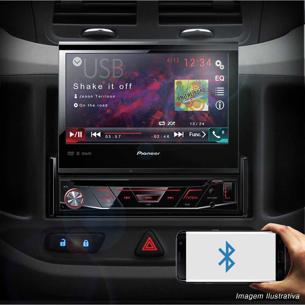 Kit Dvd Player Retratil AVH-3180BT Pioneer Bluetooth Usb Tela 7 polegadas + Câmera de ré borboleta