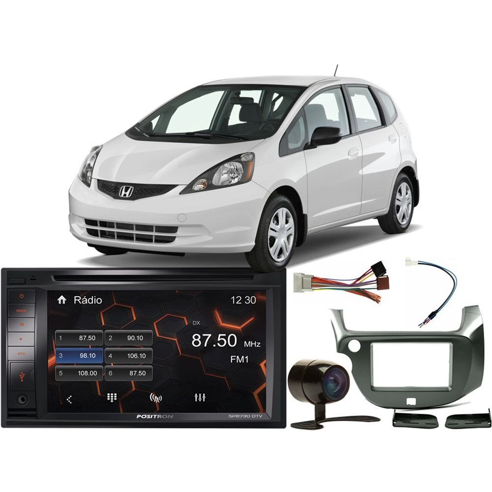 COMP Kit Central Multimídia Honda Fit 2012 a 2014 SP8730DTV Positron + Câmera de ré + Moldura + Chicotes